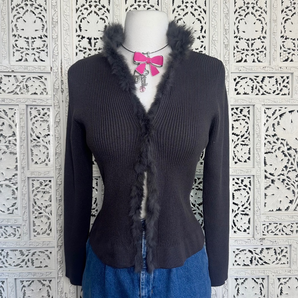 Sarsaparilla Dark Grey Ribbed Cardigan‎ With Rabbit Hair Trim Sz M/L